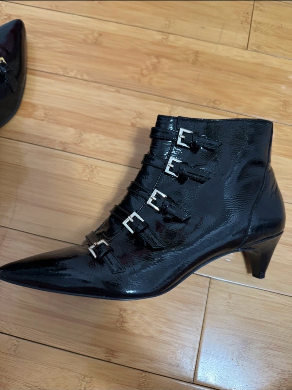 Nine West Black Patent Pointed Toe Ankle Boots with Buckle Straps